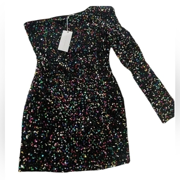 Vici Lush Faye Black Sequin Velvet Base One Shoulder Mini Dress Size XL NWT - Picture 3 of 7